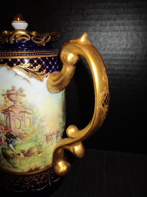 Antique Handpainted Dresden Victorian Courting Landscape Scene Porcelain Coffee Pot - 3