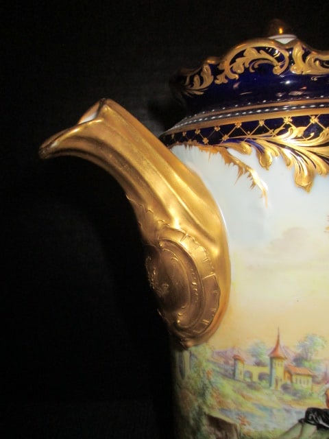Antique Handpainted Dresden Victorian Courting Landscape Scene Porcelain Coffee Pot - 4