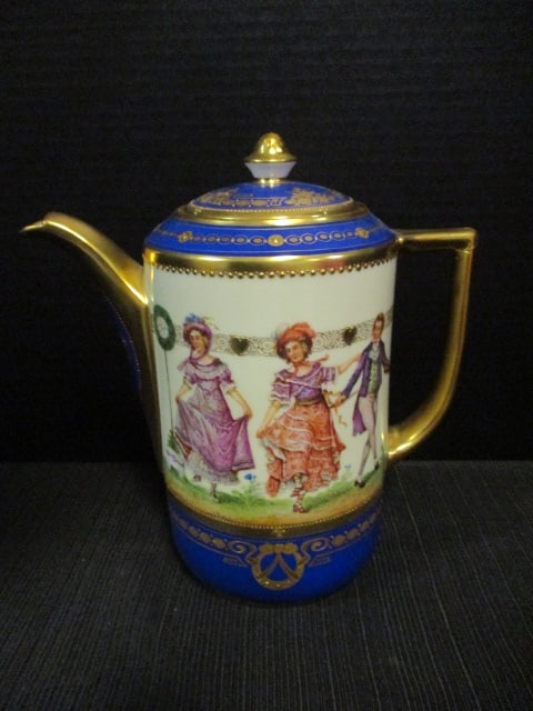 Antique Handpainted Dresden Victorian Dancer Scene Porcelain Coffee Pot: 9 1/4"h, Blue sheep with Dresden written under and dark green rose markings on bottom