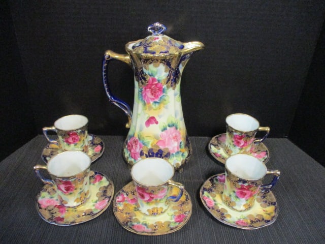 Antique Handpainted Nippon Cobalt and Gilt Porcelain Chocolate Pot Set with Flora Motif (1 of 11)