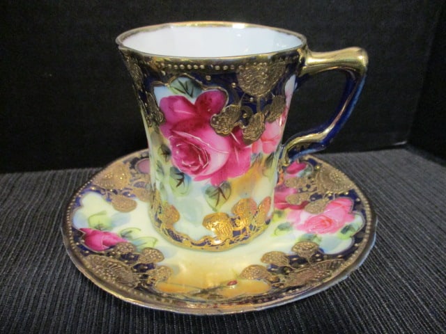 Antique Handpainted Nippon Cobalt and Gilt Porcelain Chocolate Pot Set with Flora Motif - 2