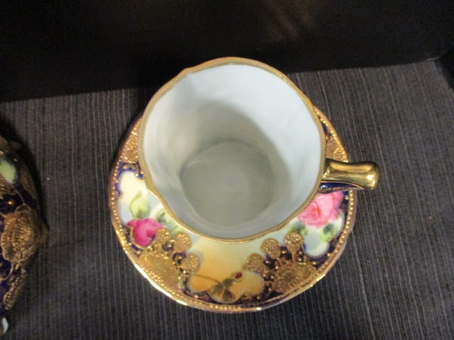 Antique Handpainted Nippon Cobalt and Gilt Porcelain Chocolate Pot Set with Flora Motif - 3