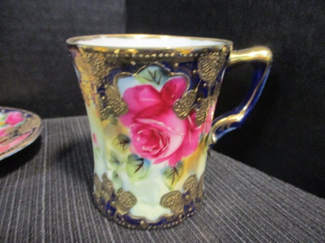 Antique Handpainted Nippon Cobalt and Gilt Porcelain Chocolate Pot Set with Flora Motif - 5