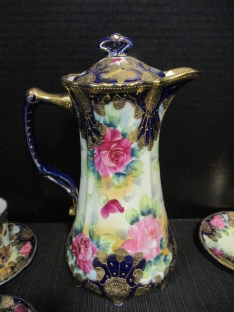Antique Handpainted Nippon Cobalt and Gilt Porcelain Chocolate Pot Set with Flora Motif - 7