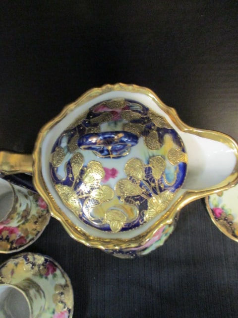 Antique Handpainted Nippon Cobalt and Gilt Porcelain Chocolate Pot Set with Flora Motif - 8