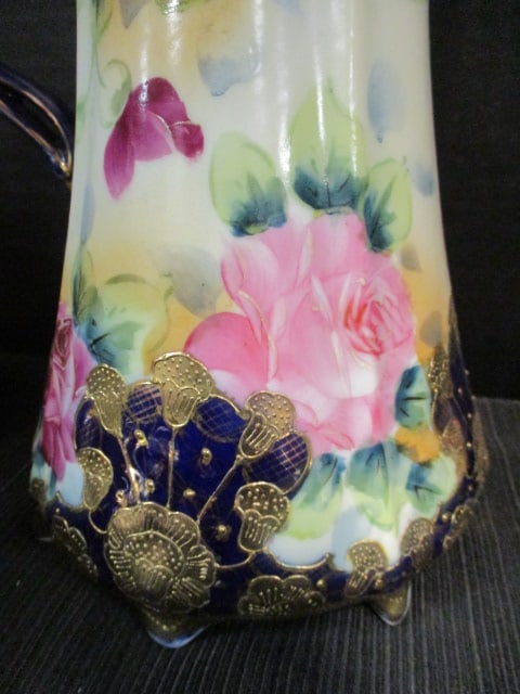 Antique Handpainted Nippon Cobalt and Gilt Porcelain Chocolate Pot Set with Flora Motif - 9