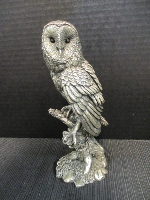1995 United Kingdom Country Artists Sterling Silver Filled Barn Owl Sculpted Figure: Beautifully Detailed Feathers with Glass Eyes, 8 1/4"h, figure is marked "CA" 1995 on back of base below tail feathers, marked "Langford" with British Assay hallmark on side of base, felt covered
