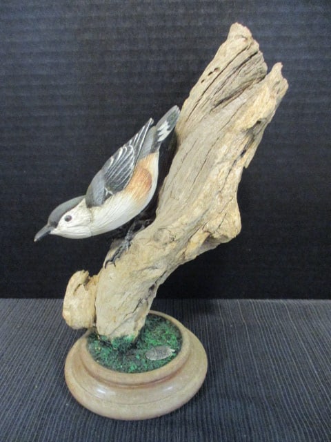 Harp signed Hand Carved and Painted Nuthatch Wildlife Carving on Natural Driftwood: 9 1/2"h, "Harp" is signed on sculpted feather on landscaped wood base