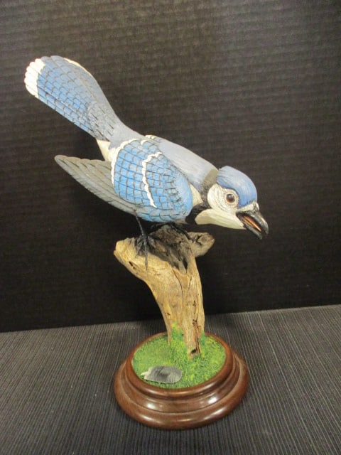 Harp signed Hand Carved and Painted Blue Jay Wildlife Carving on Natural Driftwood: 12 1/4"h, "Harp" is signed on sculpted feather on landscaped wood base