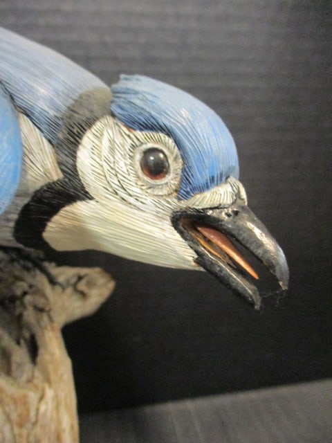 Harp signed Hand Carved and Painted Blue Jay Wildlife Carving on Natural Driftwood - 2