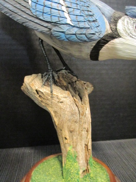 Harp signed Hand Carved and Painted Blue Jay Wildlife Carving on Natural Driftwood - 4