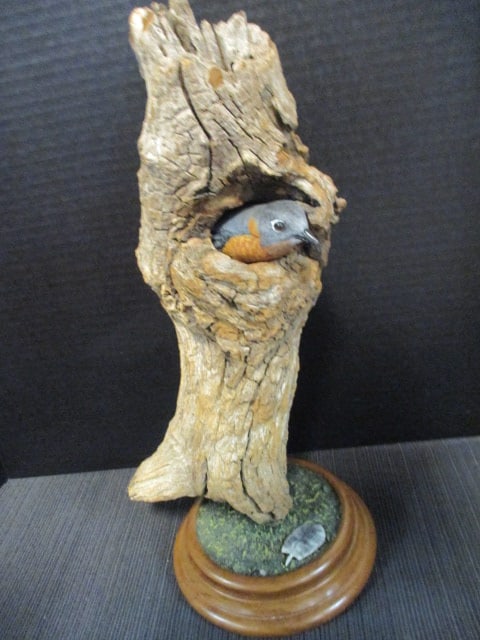 Harp signed Hand Carved and Painted Bluebird Wildlife Carving on Natural Driftwood: 15"h, "Harp" is signed on sculpted feather on landscaped wood base