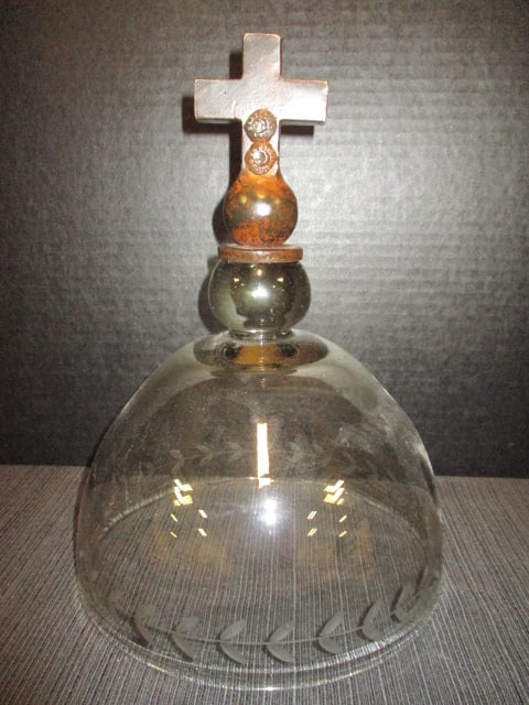 Hand Blown Etched Glass Bell Jar Cloche with Bronzed Cross Finial: 8 1/4"dia x 11 1/2"h