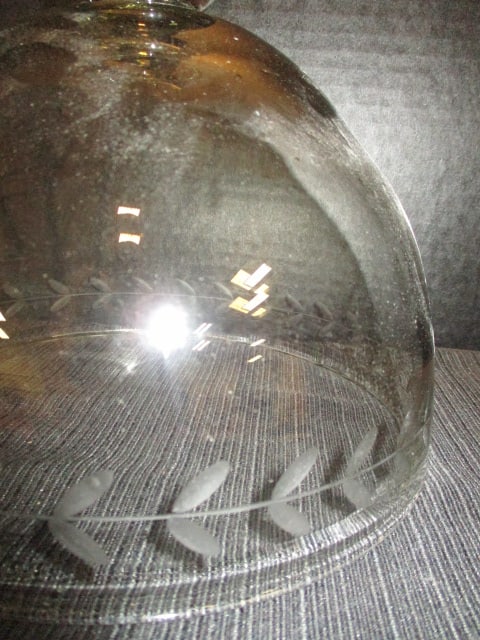 Hand Blown Etched Glass Bell Jar Cloche with Bronzed Cross Finial - 2