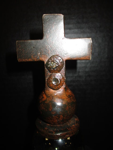 Hand Blown Etched Glass Bell Jar Cloche with Bronzed Cross Finial - 3