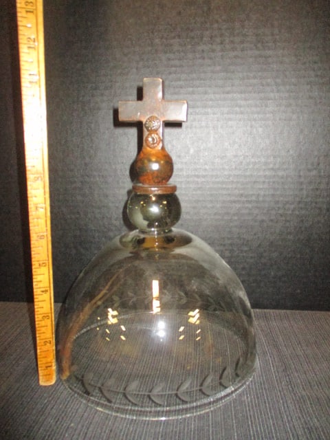 Hand Blown Etched Glass Bell Jar Cloche with Bronzed Cross Finial - 5