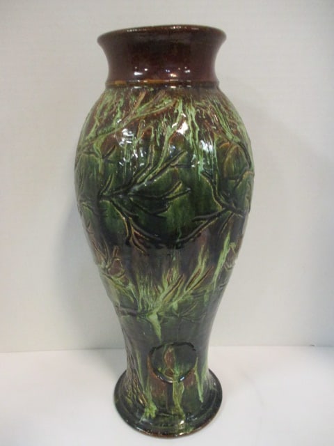 Signed Studio Pottery Hand Turned Shaped Drip Glaze Vase with Impressed Tree Grove Design: 15 1/2"h, potter's stamp "ROB" on bottom, small glaze chip on bottom