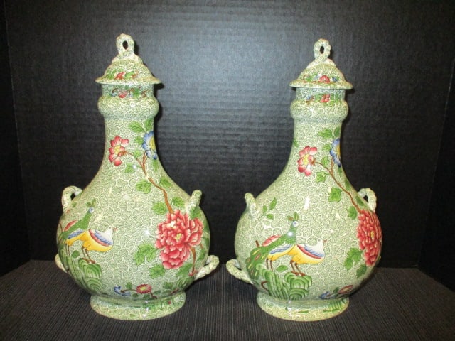 Set of Antique Copeland Late Spode Aesthetic Movement Polychrome Transferware Lidded Urn Vase (1 of 6)