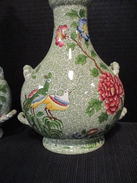 Set of Antique Copeland Late Spode Aesthetic Movement Polychrome Transferware Lidded Urn Vase - 2