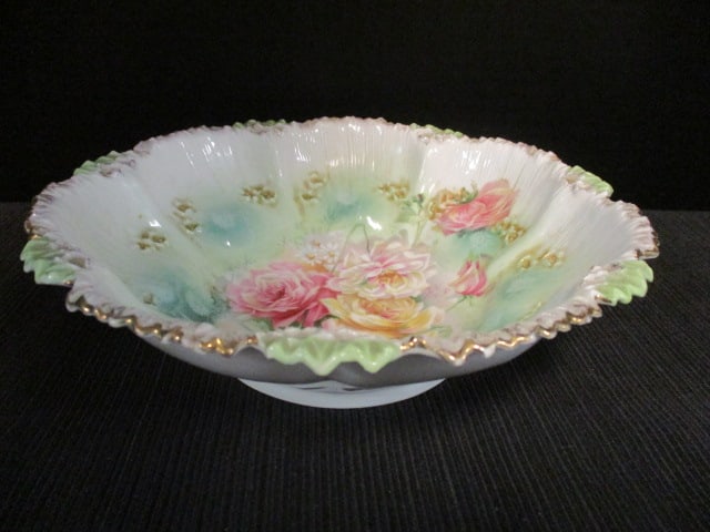 Antique RS Prussia Handpainted Porcelain Scalloped Edge Bowl: 9 /4"dia x 2 1/2"h