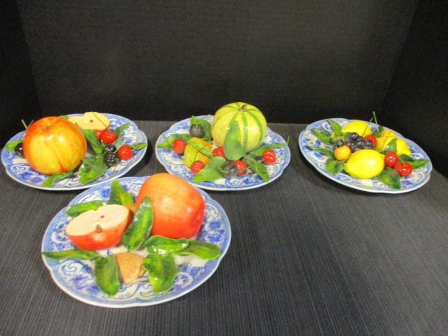 Set of Four Christine Viennet French Trompe-l'oeil Dimensional Ceramic Fruit Plates Handpainted: After Creil-Montereau "Flora" circa 1880 Design. 7 1/2"dia