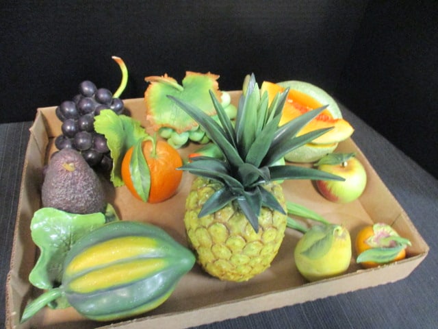 Collection of JFS Made in England Handpainted Porcelain Trompe l'oeil Porcelain Fruits and Vegeta...: Includes Cantaloupe, Pineapple(one leaf has been repaired), Orange(leaf has been repaired), (2)Grape clusters, Avocado, Melon, Pear, Apple, Okra, Peppers and Persimmon