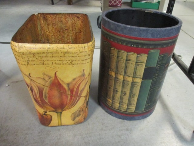 Two Decorative Wastebaskets: Round with Book Spine Design 8 3/4"dia x 12 1/4"h, Rectangle with Fruit and Flower Design 10 1/2" x 7 1/2" x 11 1/2"