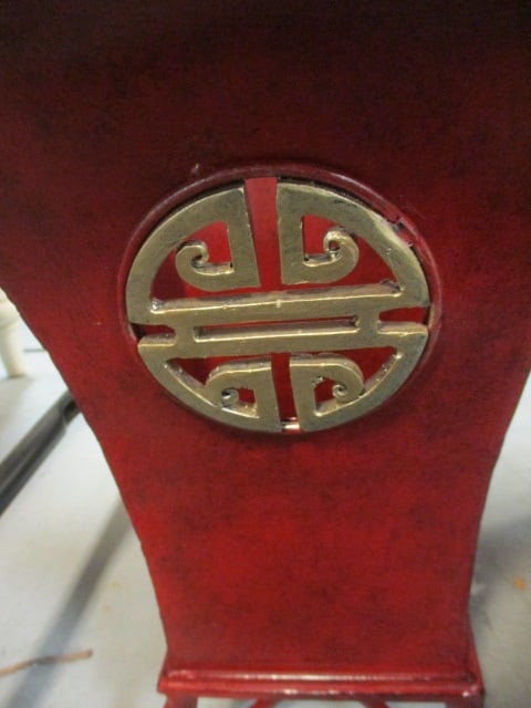 Red Footed Metal Planter with Chinese Symbol and Ring Handles - 3