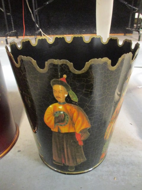 Scully & Scully Hand Decorated Chinese Figure Metal Wastebasket/Umbrella Stand with Scalloped Rim: Signed by artist Tennille on bottom, 11 1/4"dia x 12"h