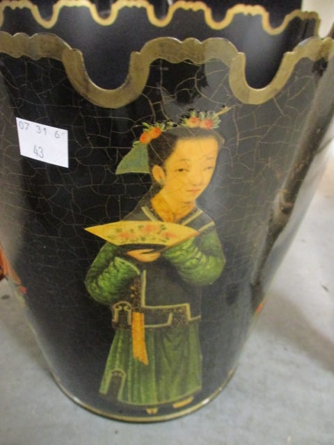 Scully & Scully Hand Decorated Chinese Figure Metal Wastebasket/Umbrella Stand with Scalloped Rim - 3
