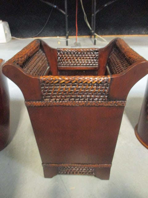 Asian Inspired Wood and Woven Panel Flared Side Wastebasket/Umbrella Stand: 12" x 11" x 16", Local Pickup Only