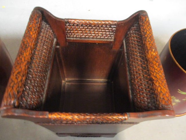 Asian Inspired Wood and Woven Panel Flared Side Wastebasket/Umbrella Stand - 2