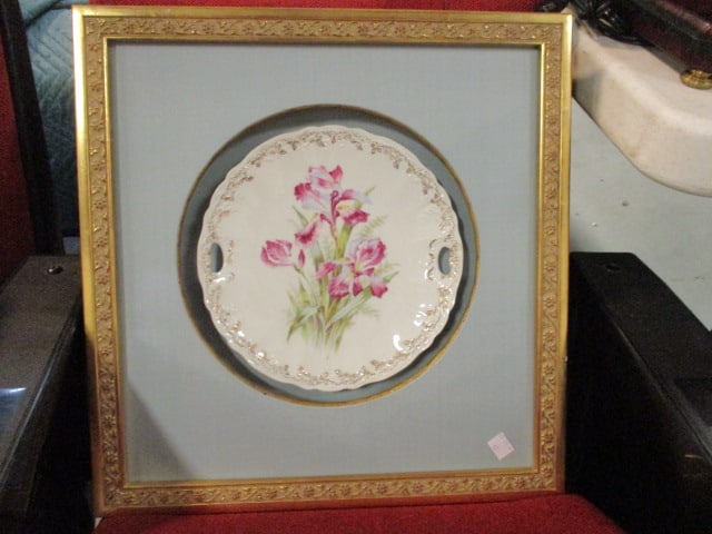 Antique Handpainted Bearded Iris German Porcelain Serving Tray Mounted Under Glass: in Shadow Box Frame. 16 1/4" x 16 3/4" x 3", professionally framed by Brooks & Black Fine Framing in Atlanta, Ga.