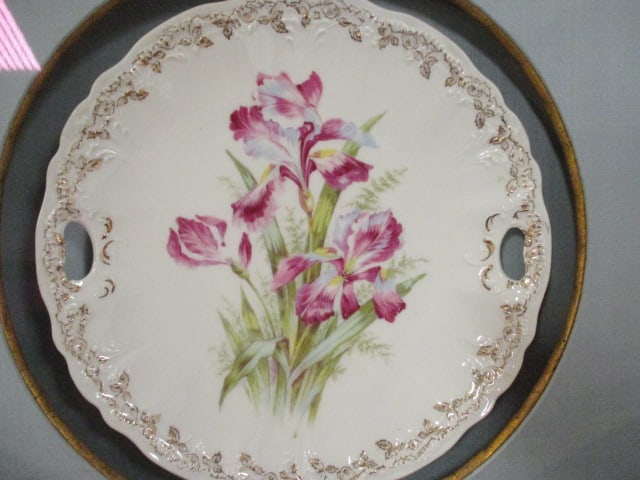 Antique Handpainted Bearded Iris German Porcelain Serving Tray Mounted Under Glass - 2