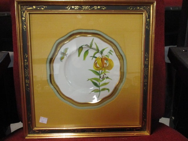 Pair of Herend "American Wildflower Meadow Lily" Salad Plates Mounted Under Glass: in Shadow Box Frame. 13 3/4" x 14" x 2 1/2", plates measure 7 1/4"dia, professionally framed by Brooks & Black Fine Framing Atlanta, Ga.