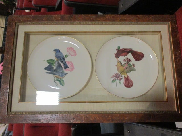 Two Syracuse China "American Song Birds" Series Chargers Mounted Under Glass: in Shadow Box Frame. 28 1/2" x 17 1/2" x 2 1/2", from illustrations by Athos Menaboni, professionally framed by Brooks &Black Fine Framing Atlanta, Ga.