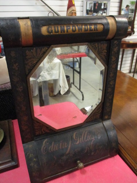 Antique Victorian General Store Rotating Tea Dispenser/Tea Bin with Beveled Mirror and: Handpainted Decorations. Painted "Edwin J. Gillies Co. NY" on Lower Compartment Dispenser Door, Top Has Rotating Cylinder Displaying Different Tea Varieties-"Imperial, Gunpowder, Young Hyson, Java,