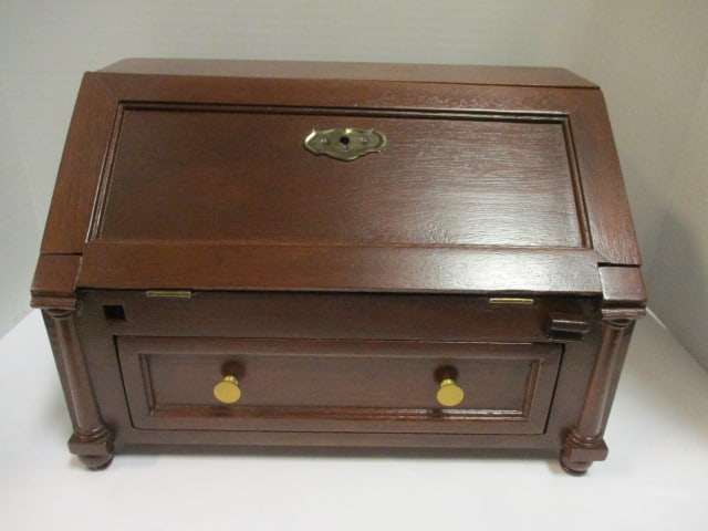 Great City Traders Miniature Empire Style Secretary Writing Desk: 14" x 8 1/2" x 9 1/2", drawer has dovetail construction, missing one slant front support