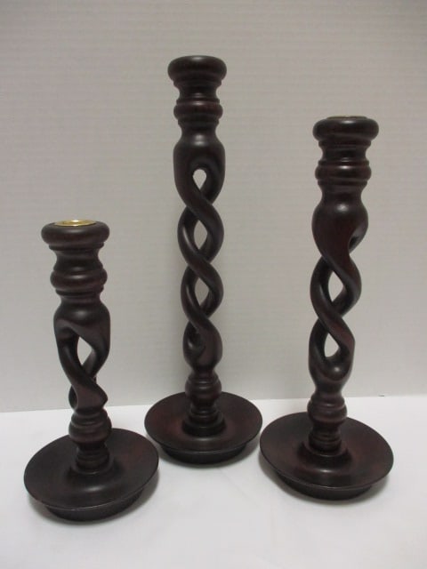 3 Piece Tiered Barley Twist Candle Holder Set: 9"h, 12 1/4"h(base has been repaired), 14 1/4"h