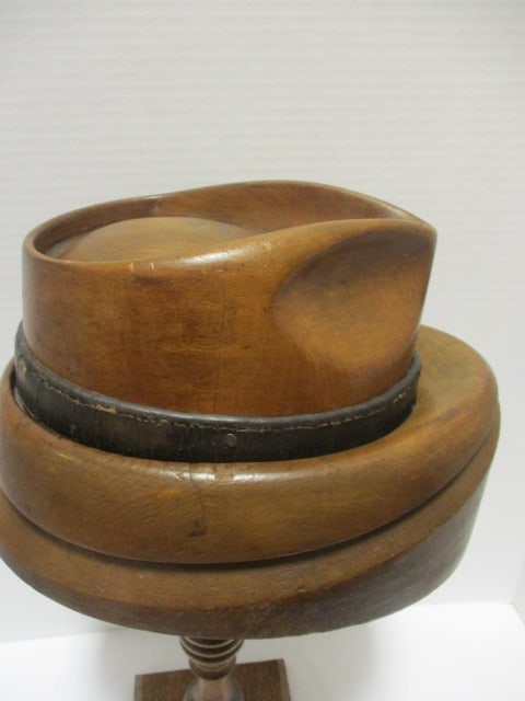 Antique Wood Milliners Fedora Hat Block Form with Brim Form and Turning Display Stand - 2