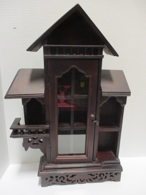Vintage Gothic Revival Style Miniature Glass Front Display Cabinet with Fretwork: 15" x 4" x 22", Local Pickup Suggested