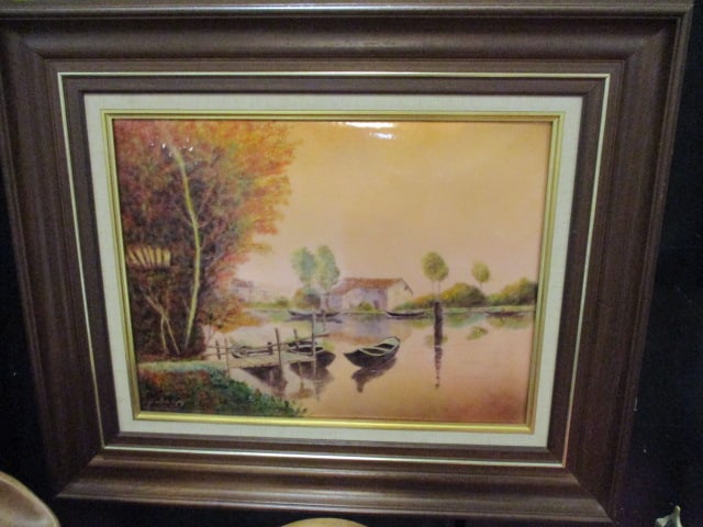 Baillet-Goy Signed Enamel on Copper Riverside Landscape on Convex Form: Framed 23 1/2" x 19 1/2", signed in lower left corner, Local Pickup Suggested