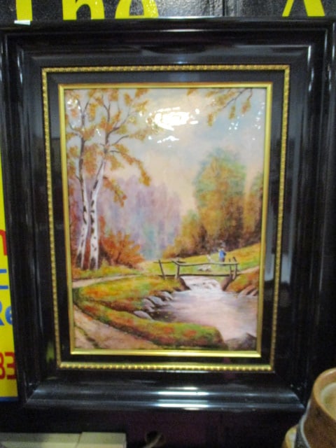 Baillet-Goy Signed Enamel on Copper Autumn Pastoral Landscape on Convex Form: Framed 17 1/4" x 21 3/4", signed in lower right corner, Local Pickup Suggested