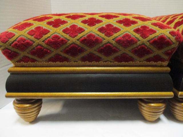 Pair of Brunschwig & Fils Regency Revival Upholstered Footstools with Turned Bee Hive Feet - 2
