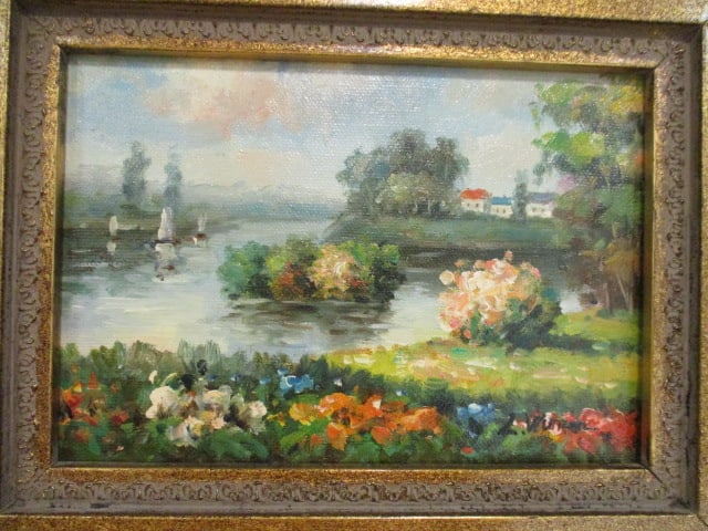 Artist Signed Original Miniature Impressionist Oil Painting of Riverside Landscape - 2