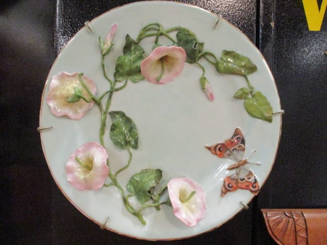 Vintage Dimensional Porcelain Charger with Applied Morning Glory Flowers and Handpainted Butterfly: 12"dia, has wall hanger