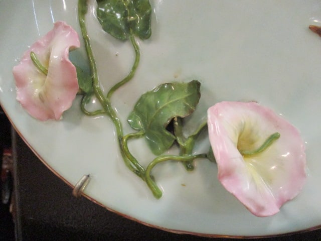 Vintage Dimensional Porcelain Charger with Applied Morning Glory Flowers and Handpainted Butterfly - 2