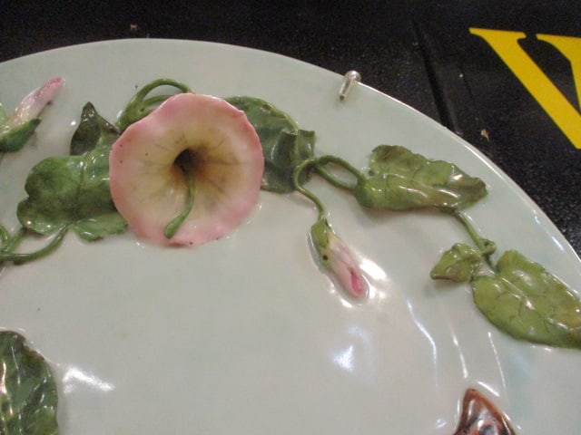 Vintage Dimensional Porcelain Charger with Applied Morning Glory Flowers and Handpainted Butterfly - 3
