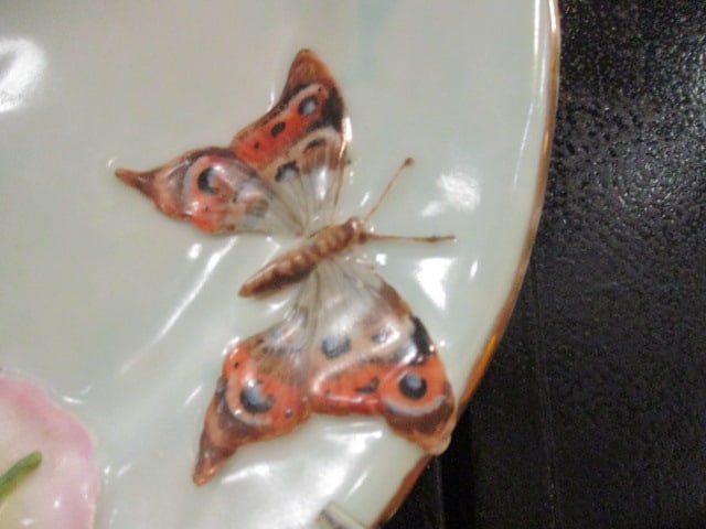 Vintage Dimensional Porcelain Charger with Applied Morning Glory Flowers and Handpainted Butterfly - 4
