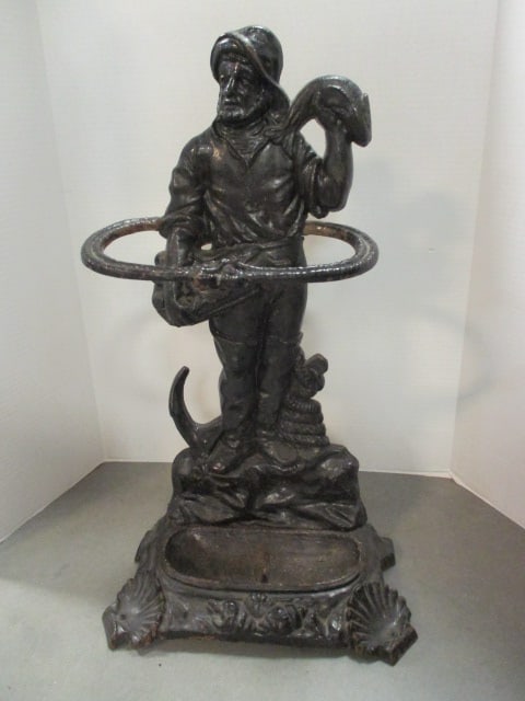 Antique 1840 Scottish Cast Iron Nautical Fisherman Figural Umbrella Stand: 26 3/4"h, dating and origin per Fernleigh, Ltd. tag on back, Heavy! Local Pickup Suggested